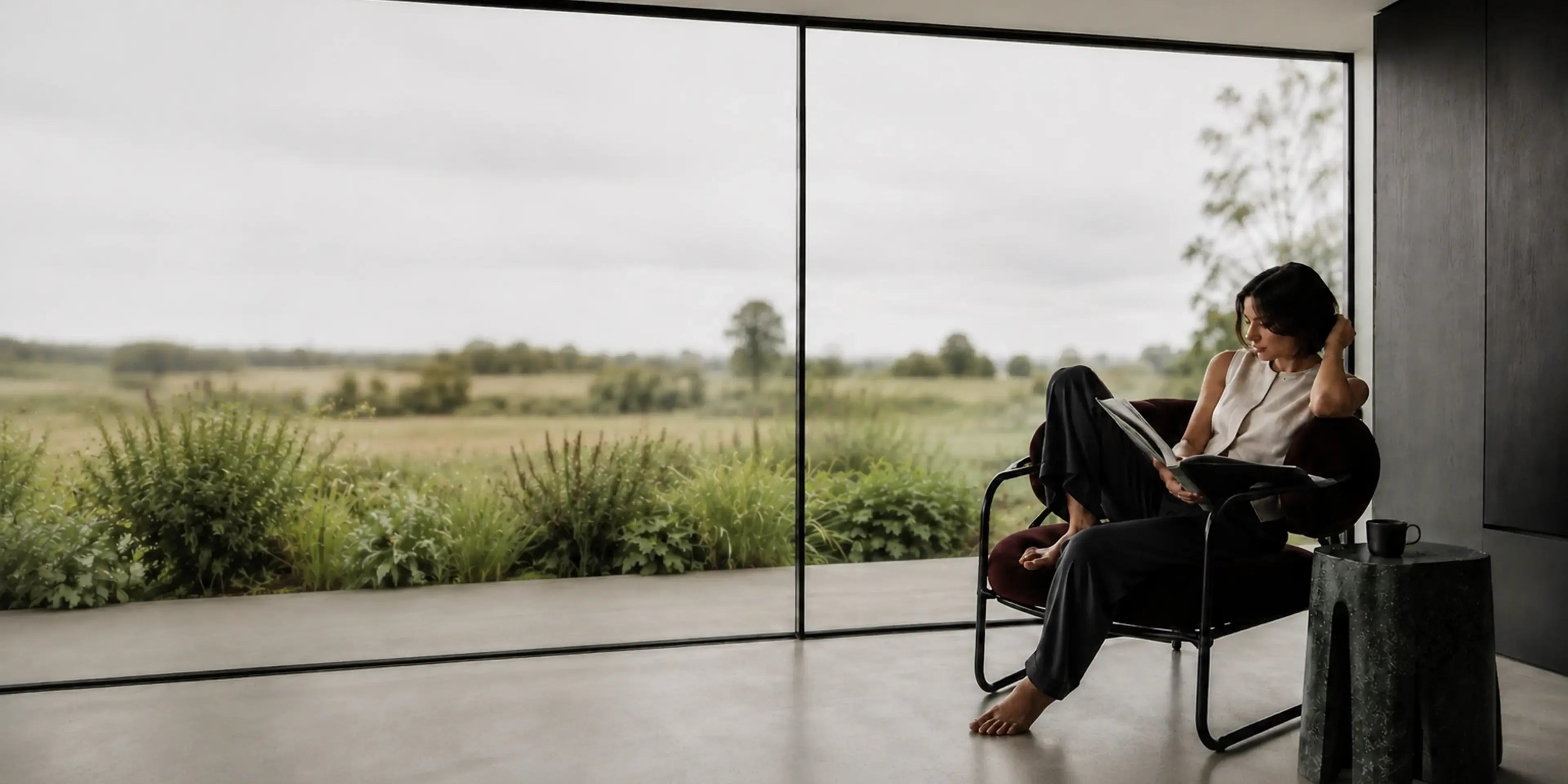 Glideline minimal sliding doors opening onto a landscaped garden