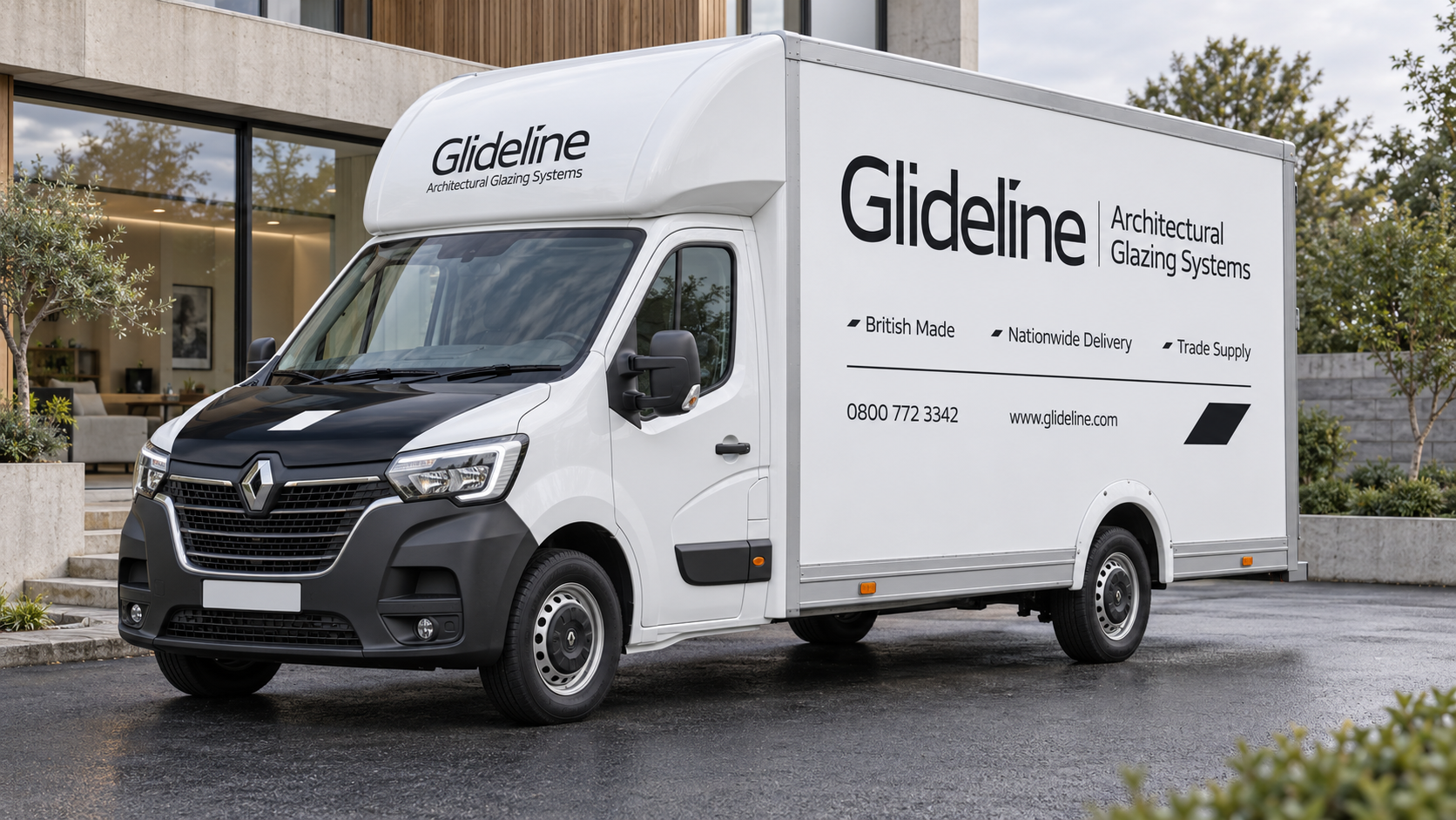 Glideline delivery vehicle outside a modern home