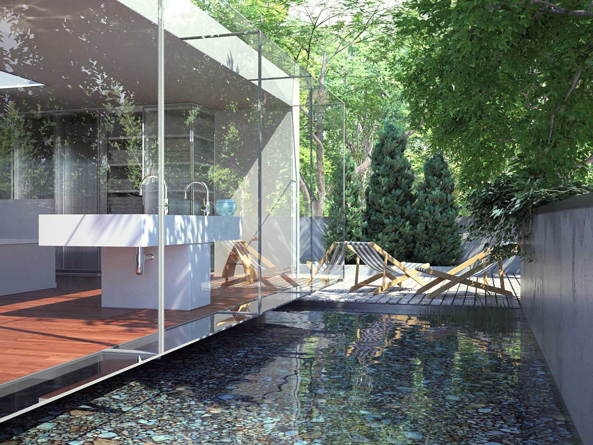 large frameless windows overlooking a leafy decking area on sunny day.