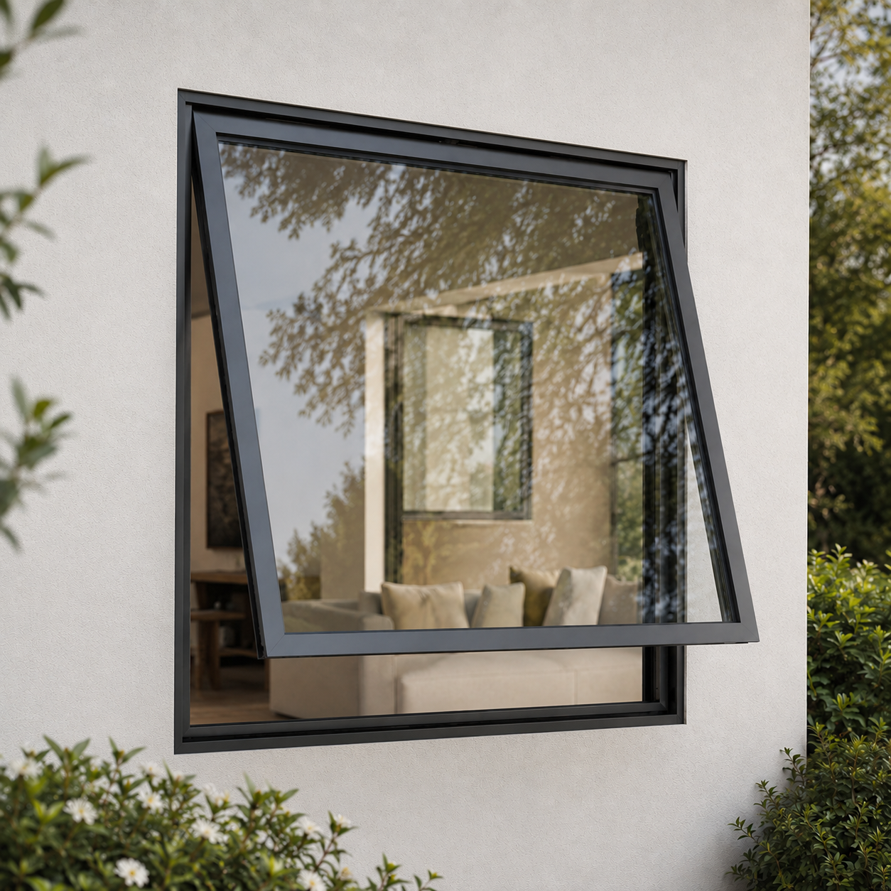 top hung window installed into a white wall with greenery around it