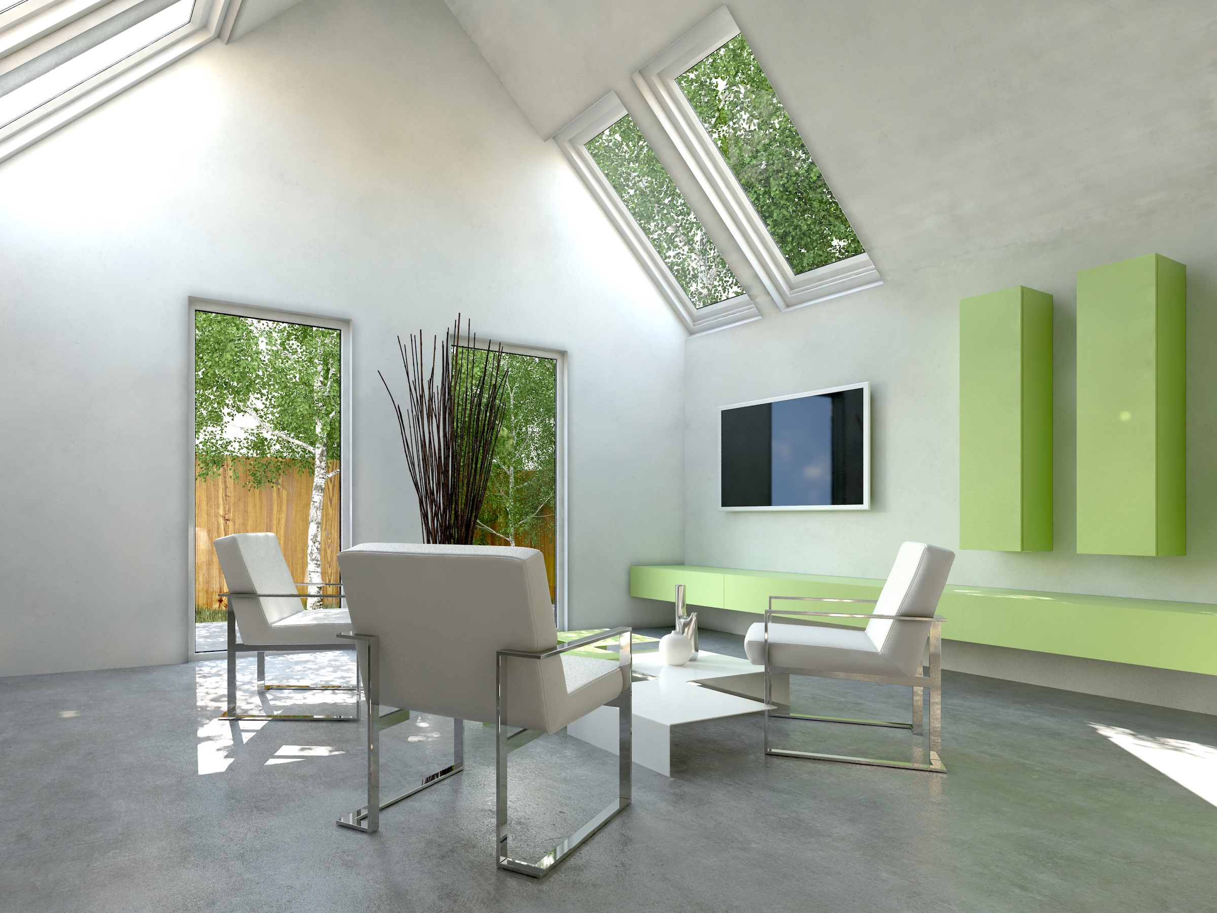 sloping rooflight in a modern garden room with angular furniture.